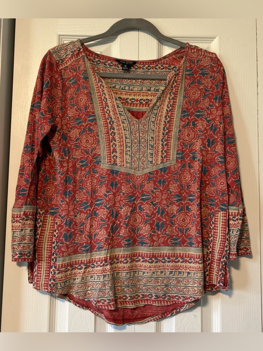 Lucky Brand Red Floral V-Neck Tunic with Blue Accents